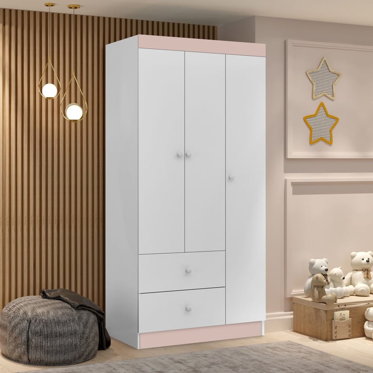 Guarda Roupa Infantil Branco e Rosa 3 Portas Carol