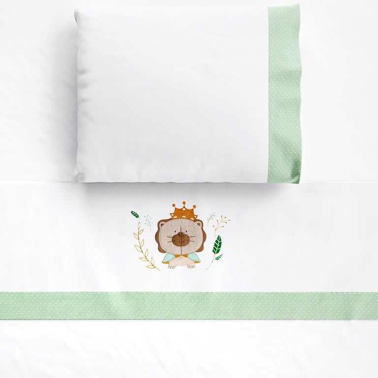 Jogo de Lençol Berço Bordado Leão Verde 3 peças