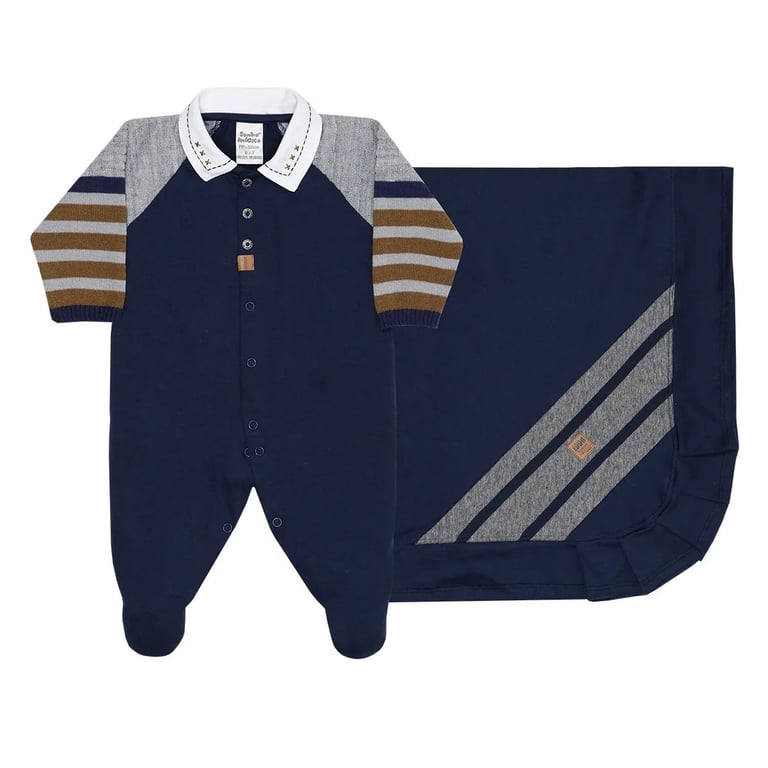 Saída Maternidade Sonho Mágico Manga Listrada Azul Marinho