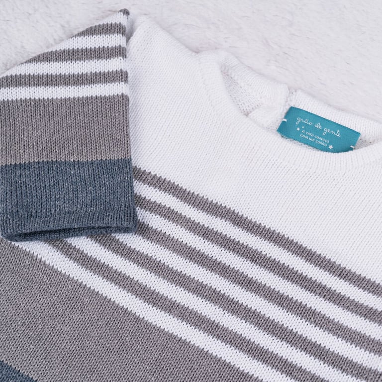 Macacão Tricot Listrado Reizinho Azul Marinho e Cinza