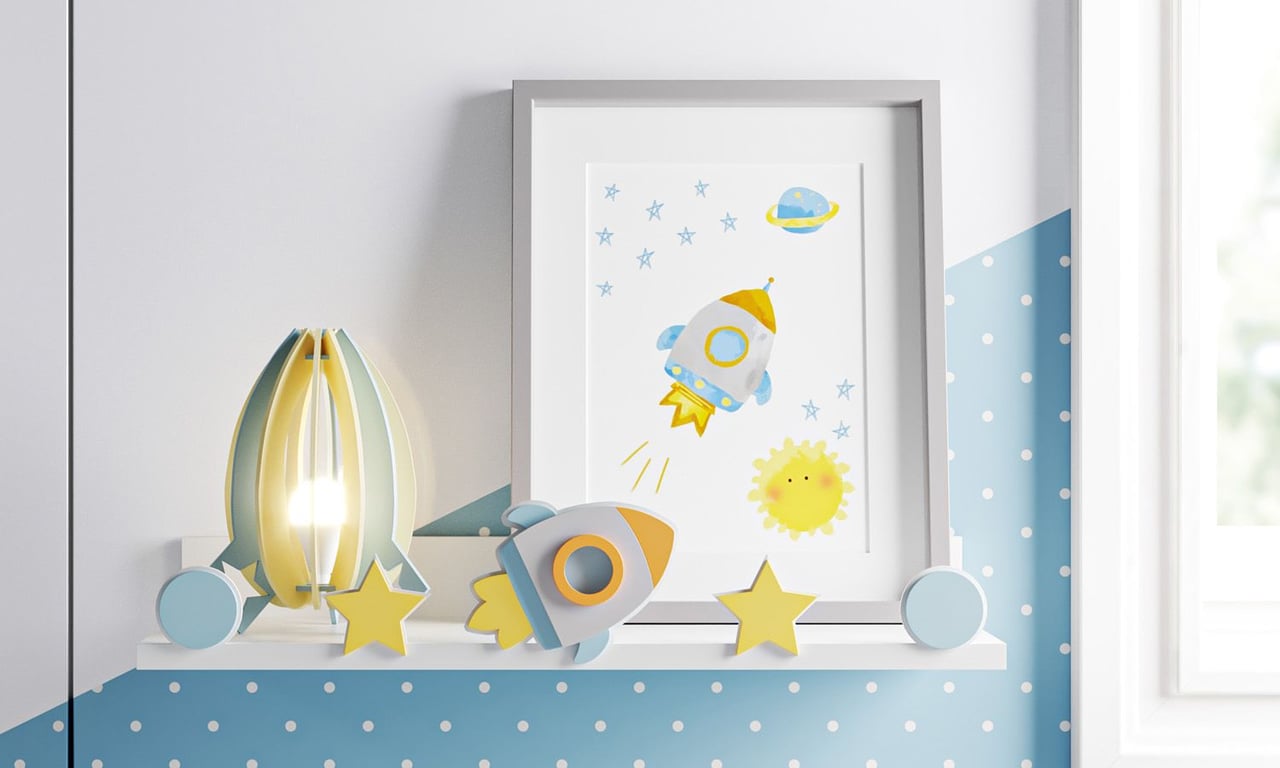 Prateleira MDF Foguete Patchwork Azul