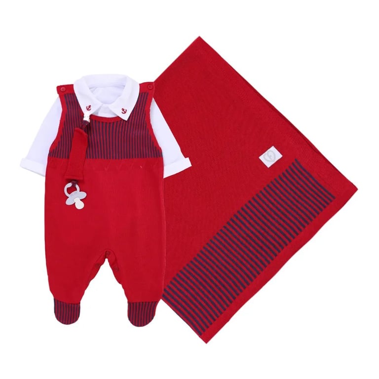 Saída Maternidade Fofinho com Detalhe Bordado Listrado Vermelho