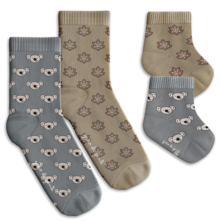 Kit Meia Bebê Tal Pai Tal Filho Trocapé Coala e Folhas Cinza 4 Pares Tam 13/20 e 39/43
