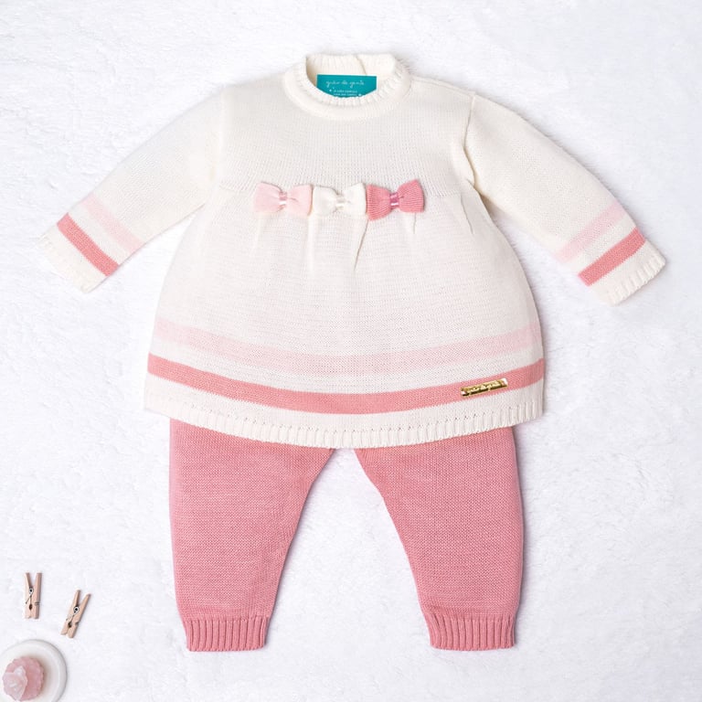 Saída Maternidade Tricot Vestido e Calça Navy Off White e Rosa 02 Peças