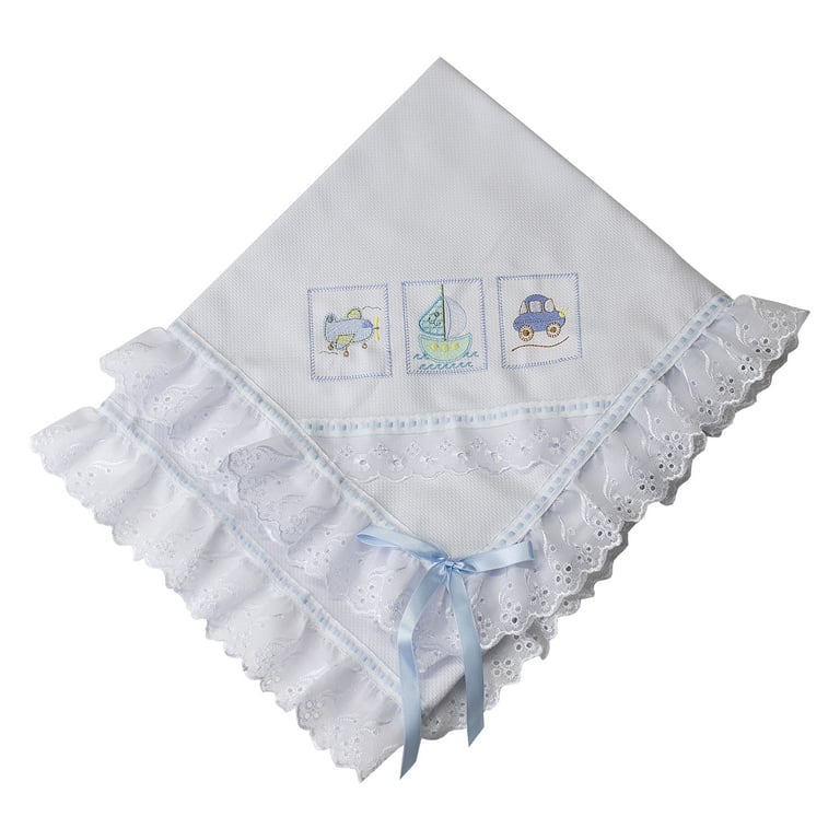 Manta Piquet Bordada Transporte Azul 75cm