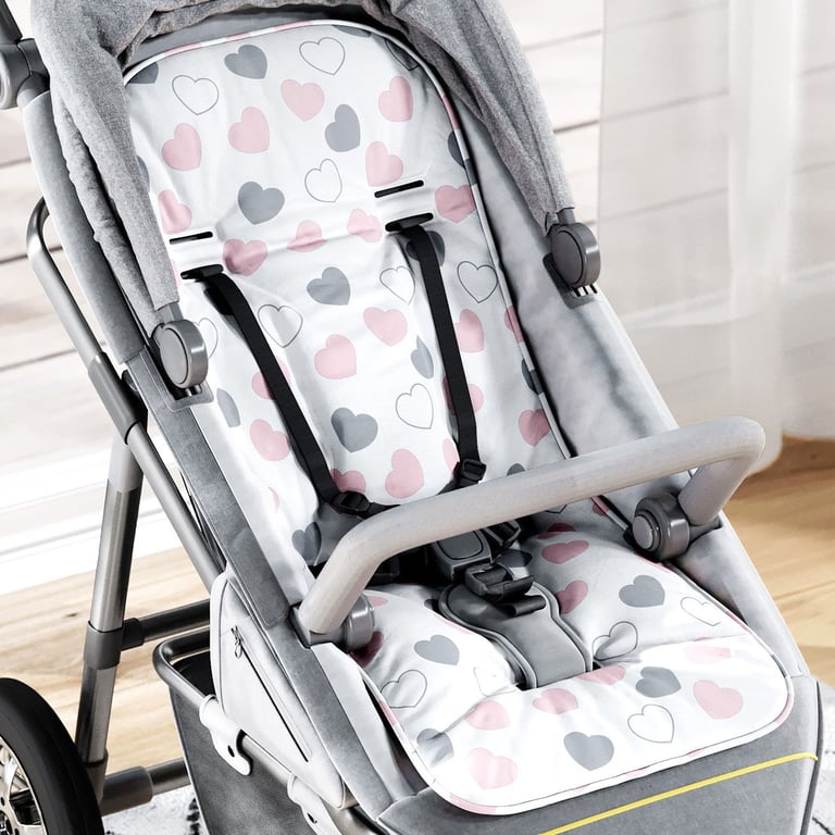 Capa de Carrinho com Protetor de Cinto Coração Rosa e Cinza