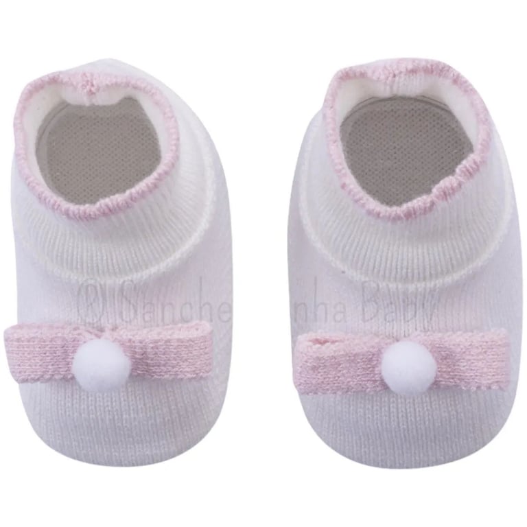 Sapatinho Bebê Sanches Malha em Acrílico Lacinho Branco e Rosa