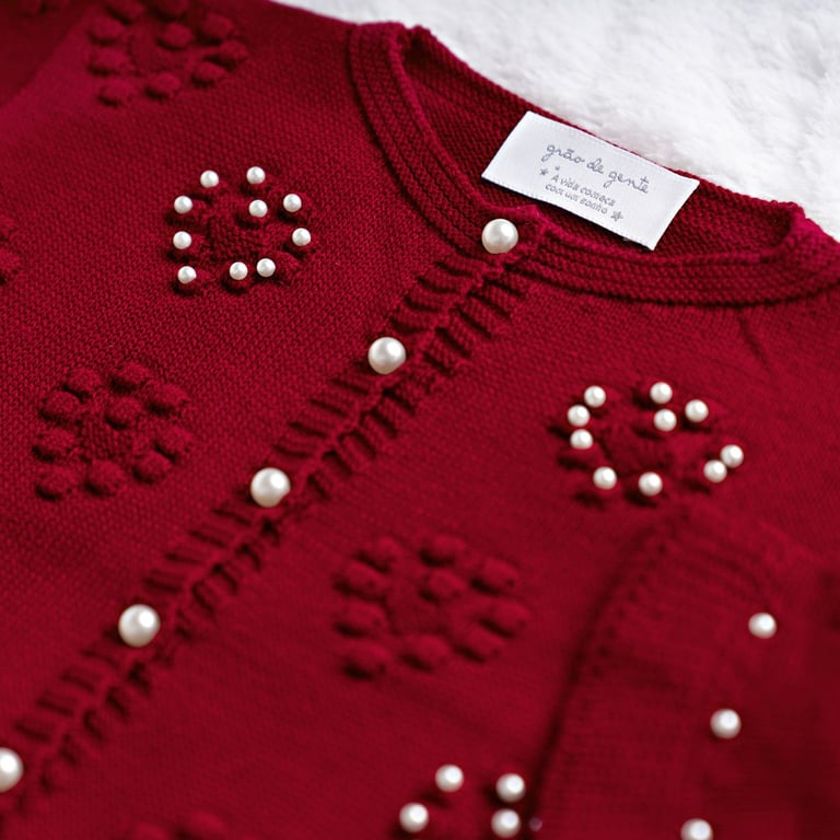 Saída Maternidade Tricot Coração e Pérola Vermelho 03 Peças