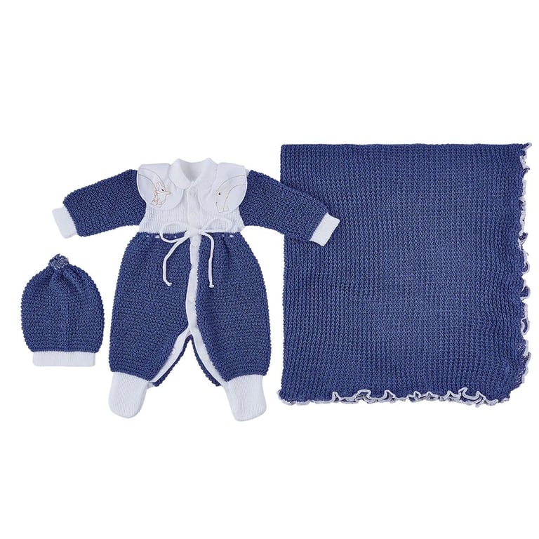 Saída de Maternidade Ternura em Tricot com Bordado Azul Marinho Tam P