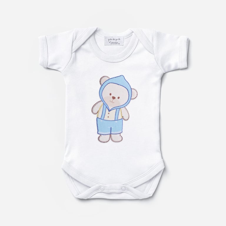 Body Manga Curta Ursinho Bebê Azul Tam P