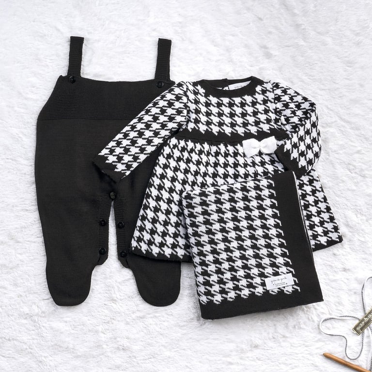 Saída Maternidade Tricot Jacquard Pied de Poule Preto 03 Peças