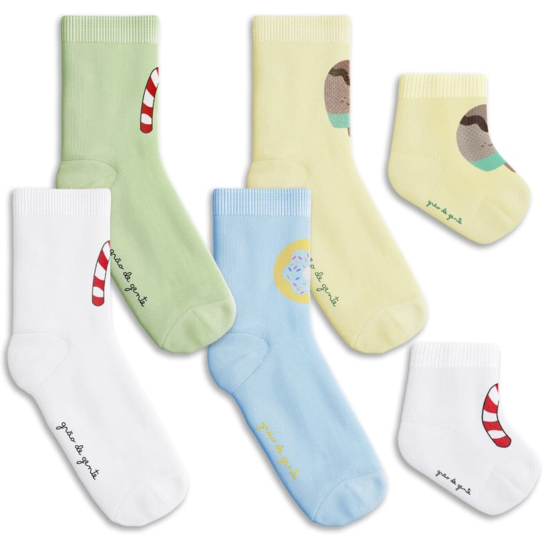 Kit Meia Bebê Família Trocapé Pirulito, Picolé e Donuts Azul 6 Pares