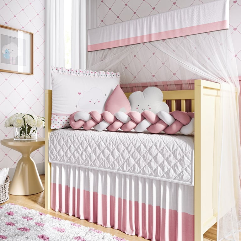 Quarto de Bebê Completo Trança Nuvem Coração Rosa 16 Peças
