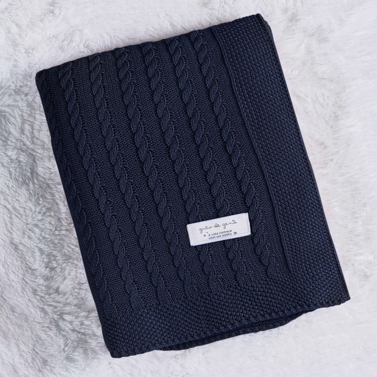 Manta Bebê Tricot Trança Azul Marinho 80cm