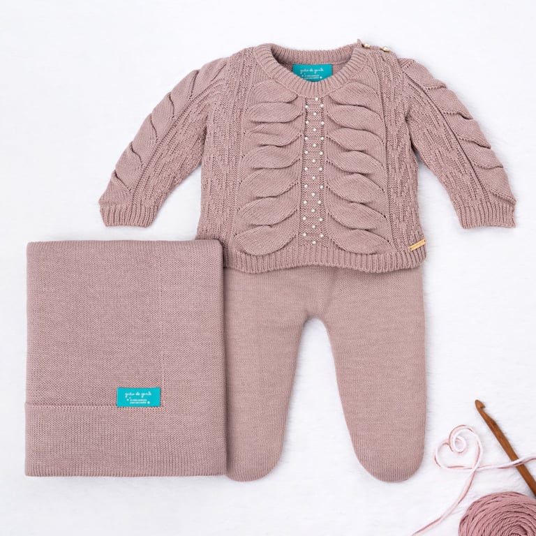 Saída Maternidade Tricot Drapeado Pérola Nude Rosé 03 Peças
