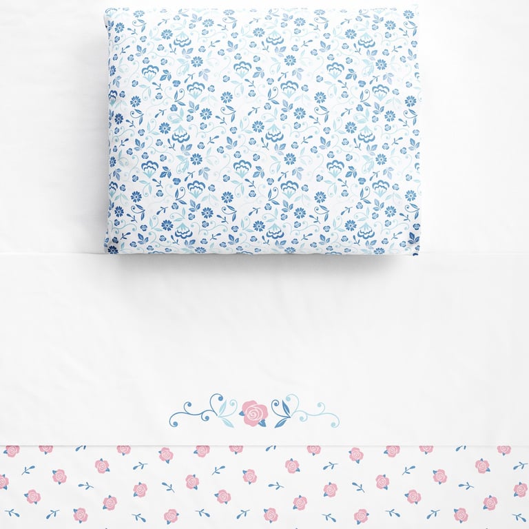 Jogo de Lençol Berço Floral Liberty Rosa e Azul 3 peças