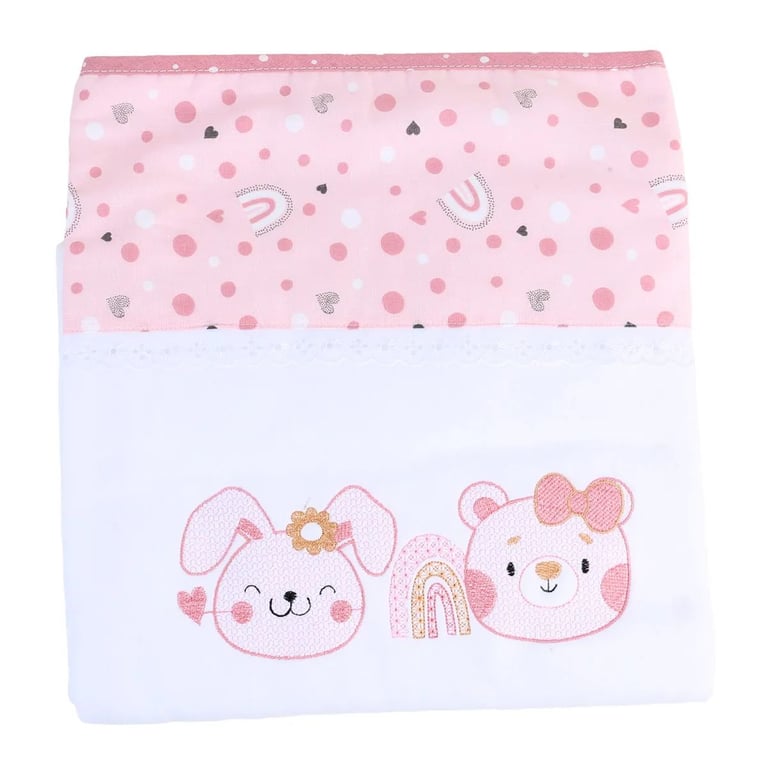 Cobertor Coelhinha e Ursinha Bordada Rosa