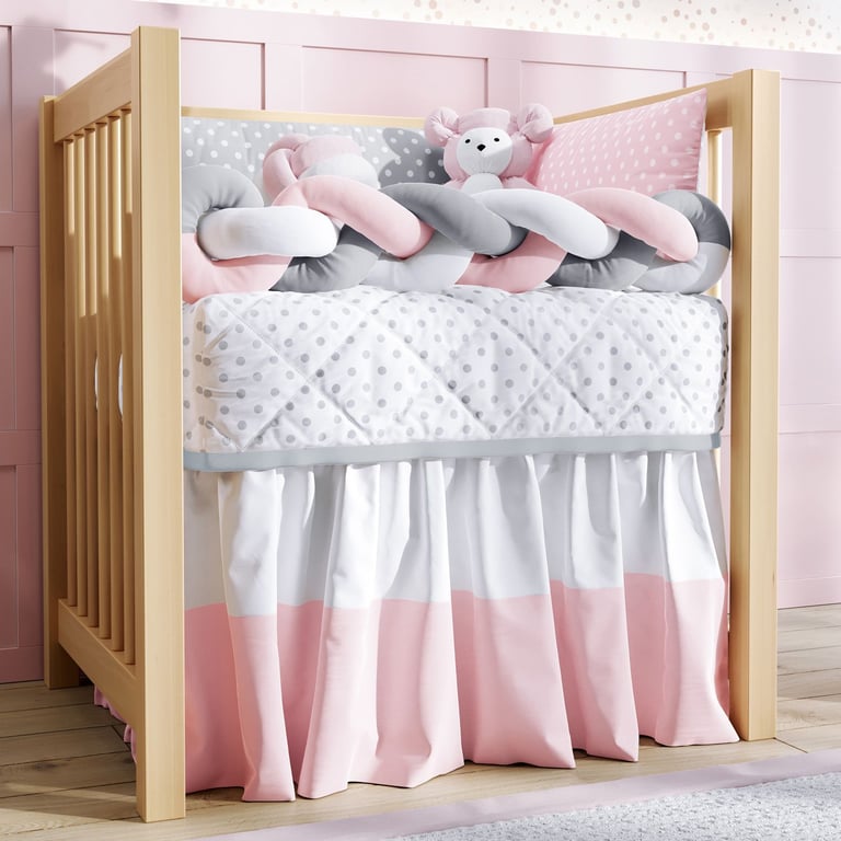 Kit Mini Berço Trança Poá Cinza e Rosa