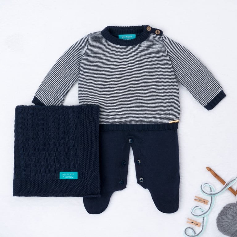 Saída Maternidade Tricot Micro Chevron Verde e Branco 03 Peças