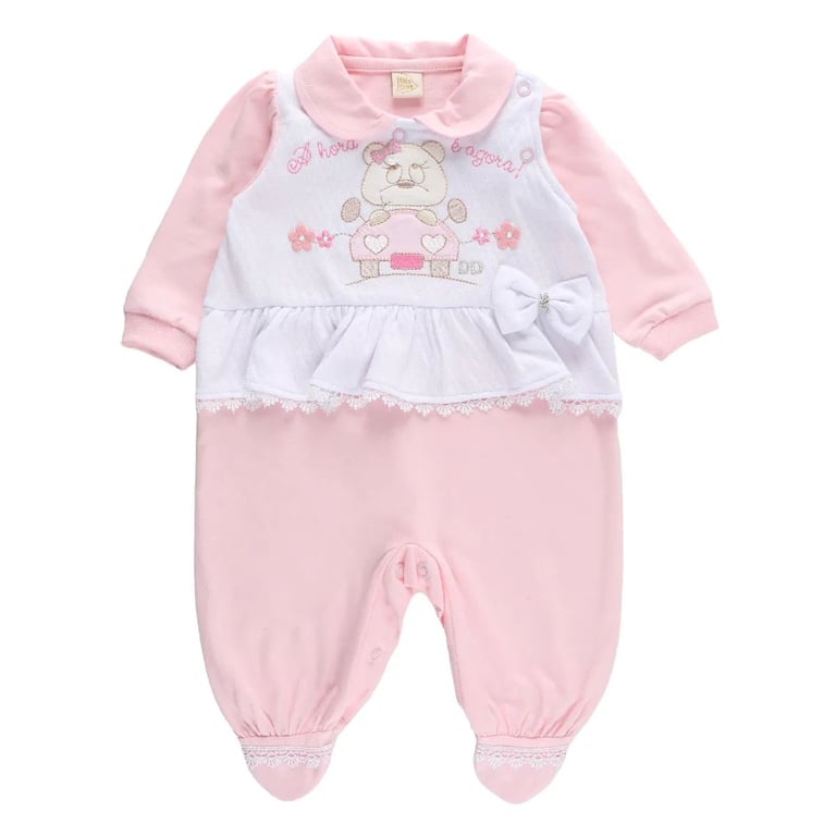 Saída de Maternidade Din Don Ursa com Laço Rosa Tam P