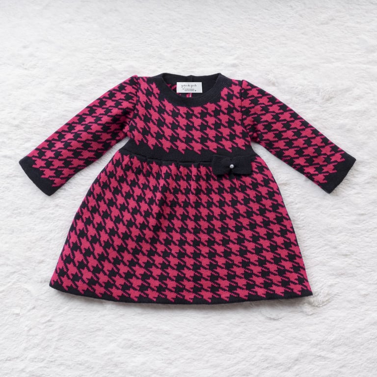 Vestido Tricot Jacquard Pied de Poule com Laço Preto