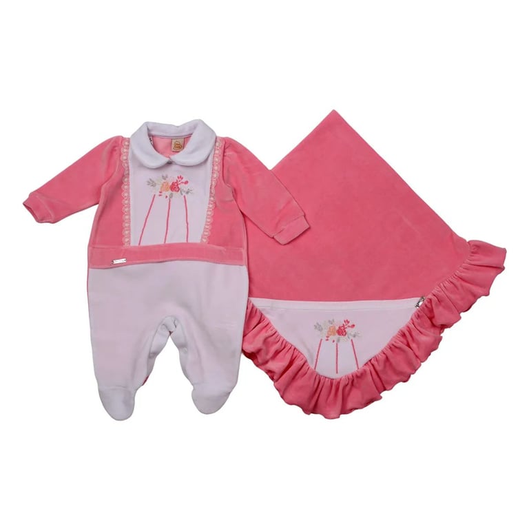 Saída Maternidade Din Don Detalhe Flor Bordada com Renda Salmão