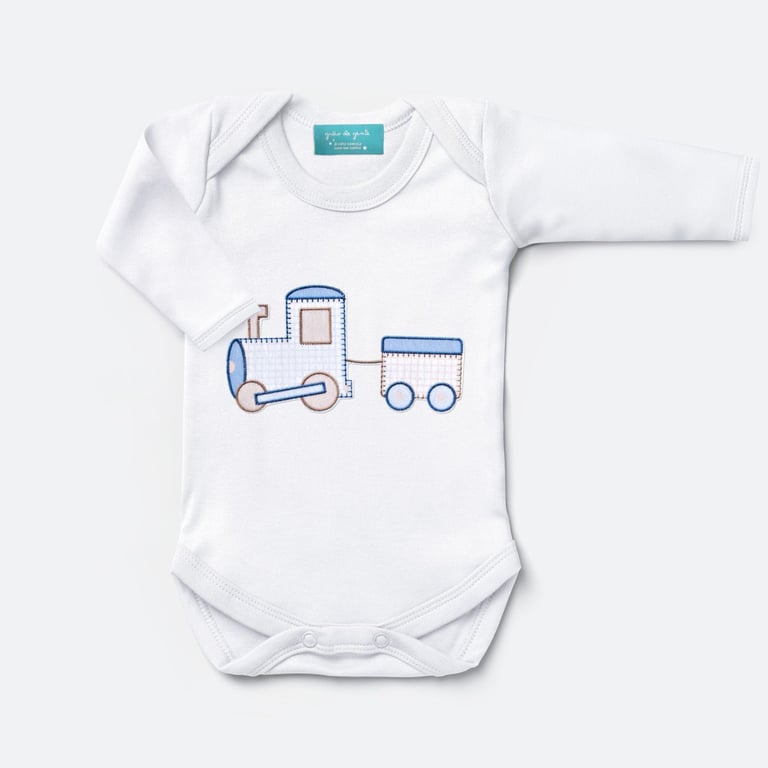 Body Manga Curta Trenzinho Bege e Azul Tam P