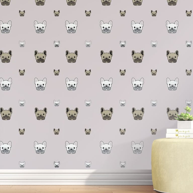 Papel de Parede Cachorrinhos Bulldog Francês Cinza 3m