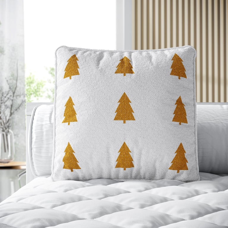 Almofada Quadrada Tricot Pinheiro Escandinavo Amarelo Mostarda 38cm