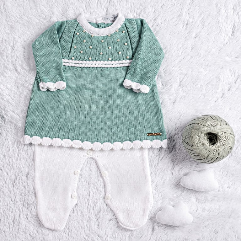 Saída Maternidade Tricot Vestido com Pérolas Verde 03 Peças