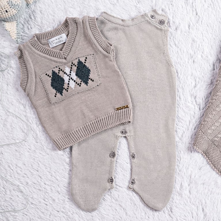 Saída Maternidade Tricot Argyle Avelã 03 Peças