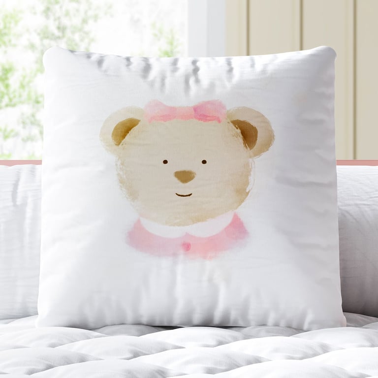 Almofada Quadrada Ursinha de Laço Rosa 33cm