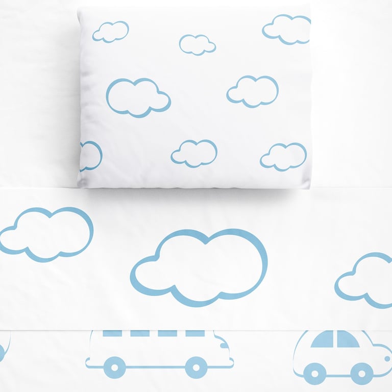 Jogo de Lençol Berço Nuvens e Carrinhos Azul 3 peças