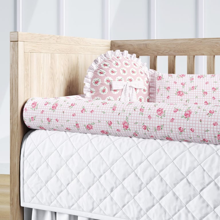 Kit Berço Rolinhos Rosas Xadrez 8 Peças