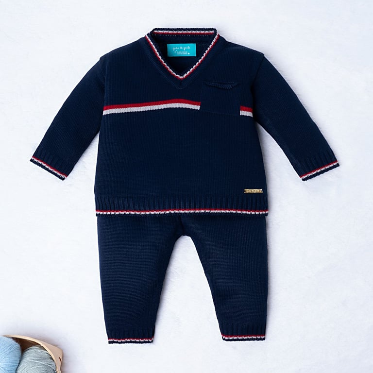 Conjunto Tricot Suéter e Calça Baseball Listras Bege e Azul Marinho 02 Peças