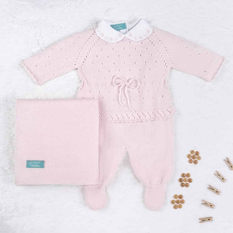 Saída Maternidade Tricot Camélia Rosa 03 Peças