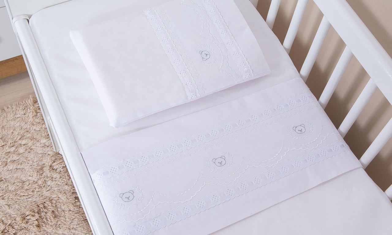 Jogo de Lençol Mini Berço Ursinho Real Branco