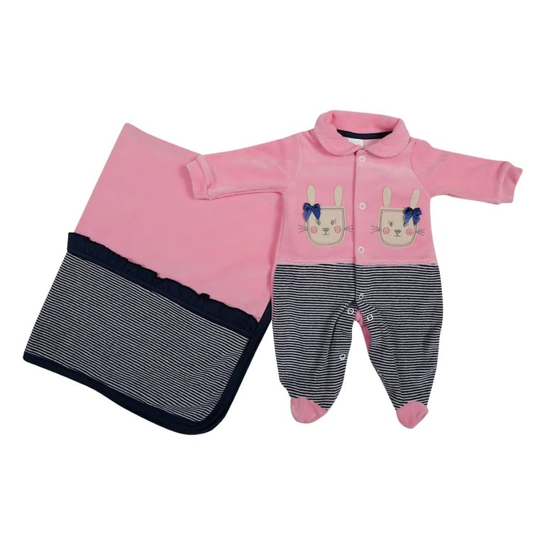 Saída Maternidade Baby Gijo Plush Bordado Coelinha + Manta Rosa Claro