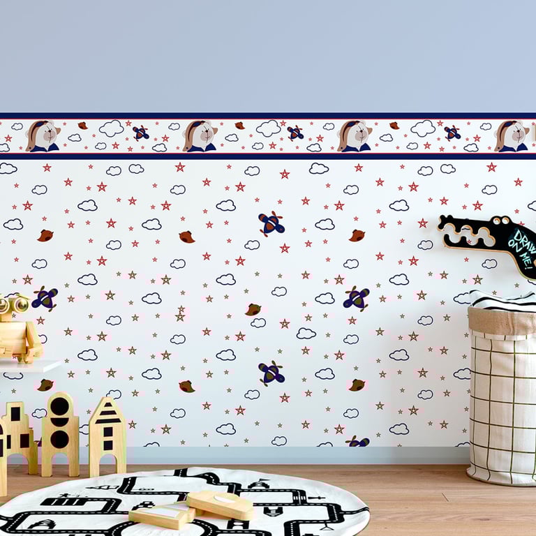Papel Meia Parede Urso Aviador Azul Marinho 1,5m
