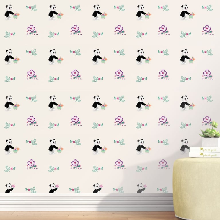 Papel de Parede Urso Panda Floral Moderna 3m