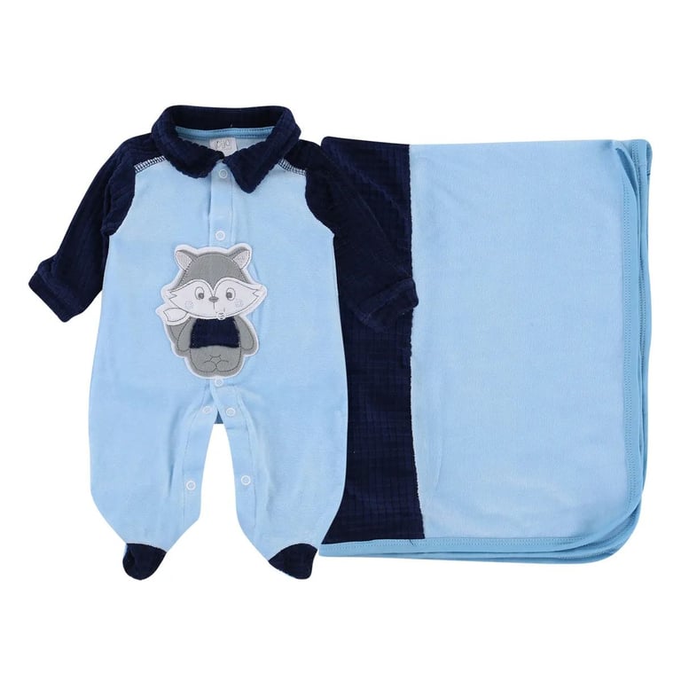 Saída Maternidade Baby Gijo Plush Bordado Raposa + Manta Azul