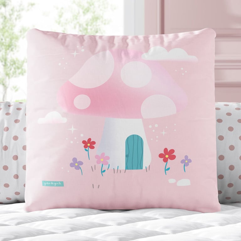 Almofada Quadrada Flor e Casinha Cogumelo Rosa 30cm