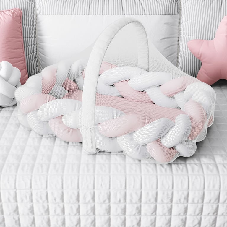 Ninho para Bebê Trança com Mosquiteiro Rosa e Cinza 80cm