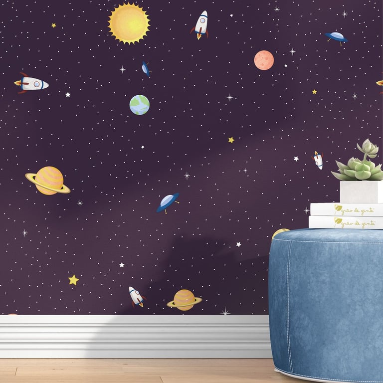 Papel de Parede Aventura Espacial Azul Marinho 3M