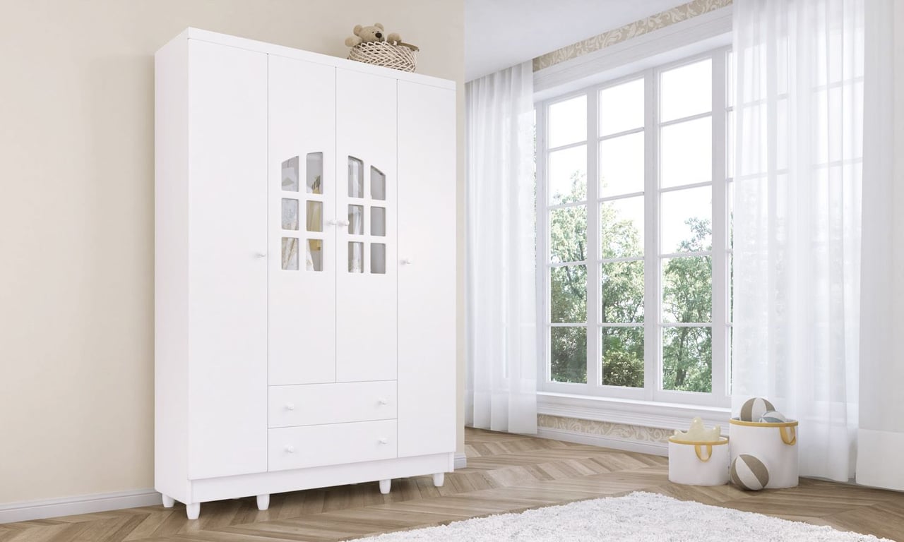 Guarda Roupa Infantil Branco 4 Portas Luxo