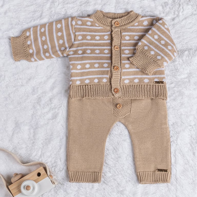 Saída Maternidade Tricot Conjunto Clássico Poá Capuccino 02 Peças