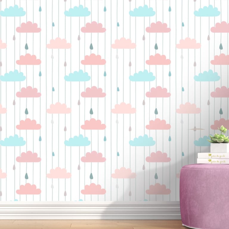 Papel de Parede Nuvem, Gotinha e Listra Turquesa e Rosa 3m