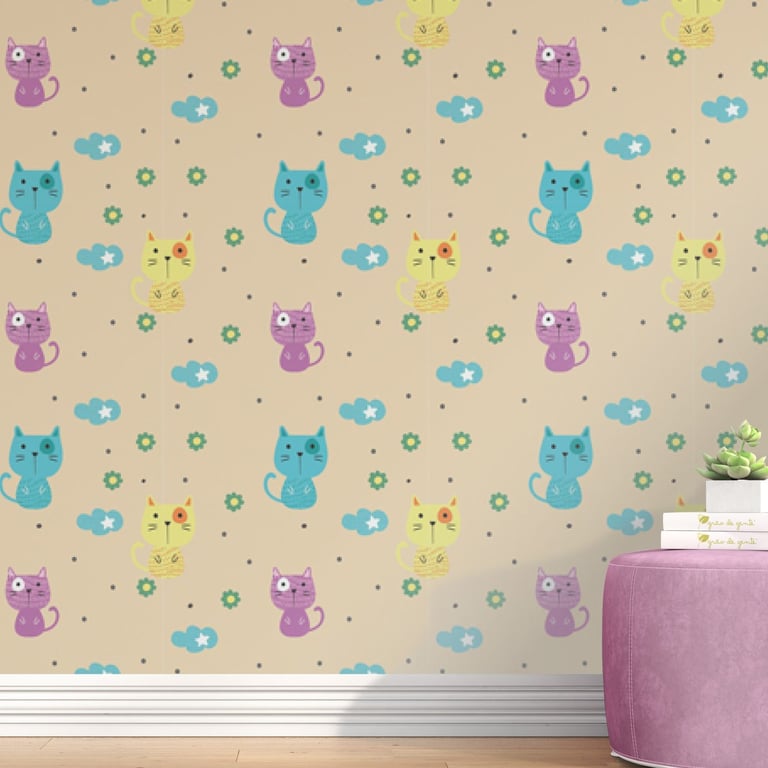 Papel de Parede Gatos e Flores Azul, Roxo e Azul Turquesa 3M