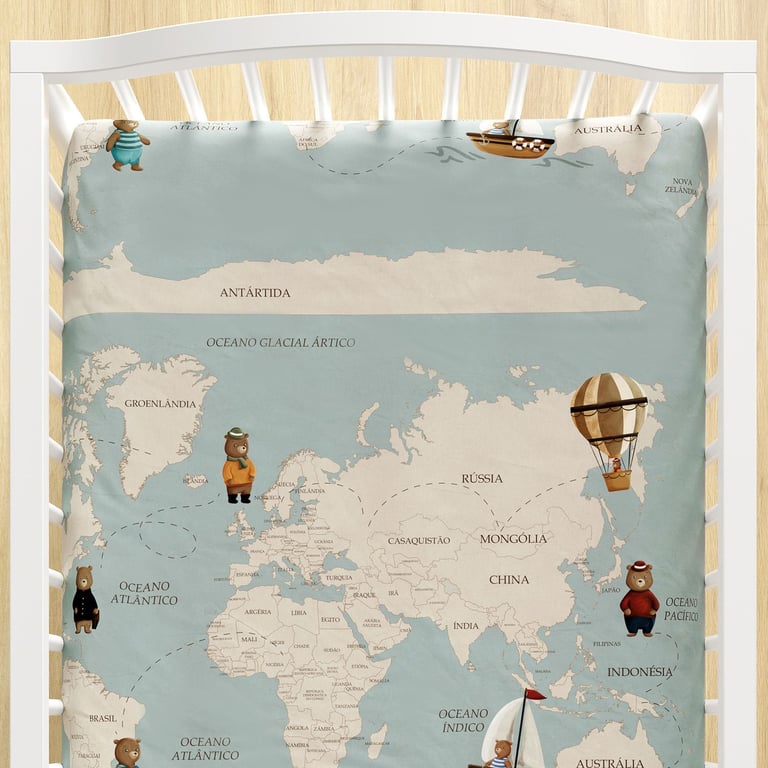 Lençol Berço com Elástico Teddy Pelo Mundo Mapa Mundi — vista alternativa