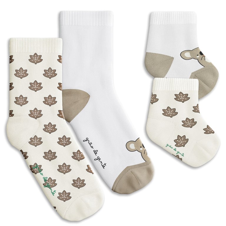 Kit Meia Bebê Tal Pai Tal Filho Trocapé Coala e Folhas Off White 4 Pares Tam 13/20 e 39/43